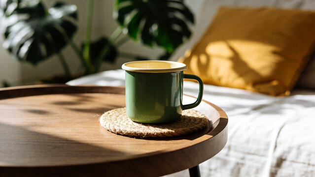 Green mug sits on wooden tray beside a bed in a room with a sunny atmosphere and plant in the background