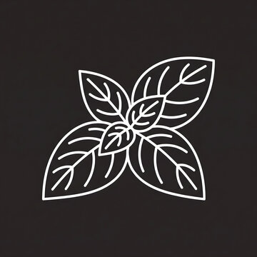 Minimalist white line art illustration of fresh basil leaves isolated on black background