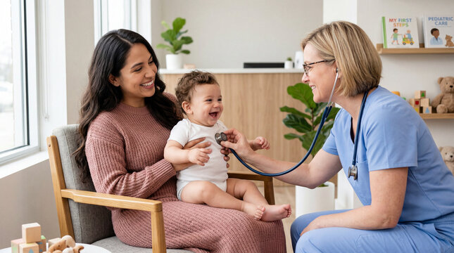 Pediatric check-up with a smiling baby and mother at a clinic