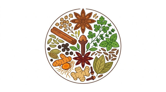 Assortment of Spices and Herbs Arranged in a Circle.