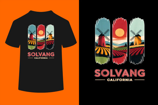 Solvang California Windmills Vintage Travel Landscape Art T-Shirt
