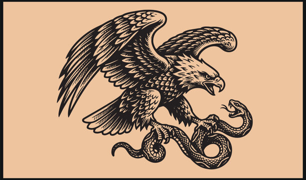 Bold eagle grasping snake with wide wings and open beak in dramatic vintage black line illustration on tan background