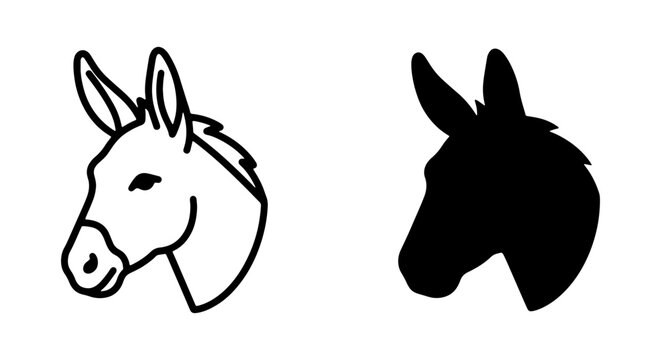 Donkey Head Icons, Simple Line Art and Silhouette Vector Graphics, Farm Animal Symbols for Livestock and Agriculture Concepts