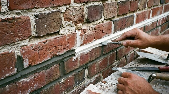 Professional brick masonry restoration, worker tuckpointing old red brick wall with white mortar, construction repair and home renovation