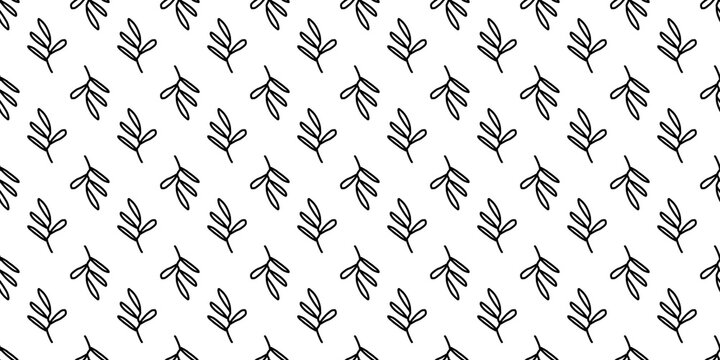 Minimalist seamless floral pattern with hand-drawn black line flowers and leaves on a light background. Elegant botanical repeat design for wallpaper