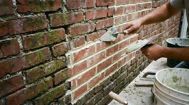 Professional bricklayer repairing old brick wall with mortar, mason hands using trowel for tuckpointing, restoration of weathered red brickwork