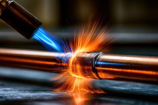 Close-up view of copper pipe brazing with welding torch and glowing sparks