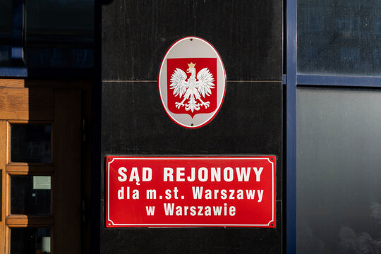 Warsaw, Poland - February 01, 2026: District Court sign with Polish national emblem on courthouse building, Sąd Rejonowy dla m.st. Warszawy