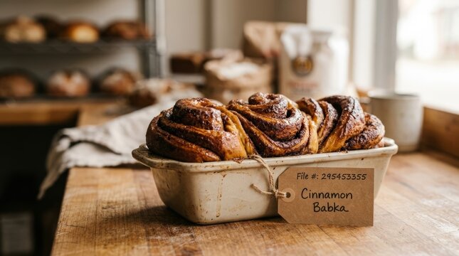 Deliciously swirled cinnamon babka bread baked in a rustic loaf pan, ready to enjoy.