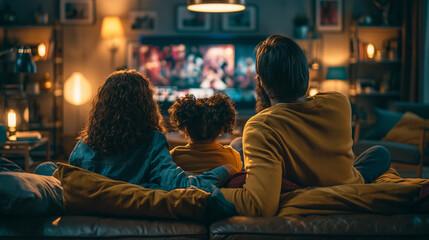Fototapeta premium Cozy Family Bonding: Warm Movie Night Relaxation on the Couch with Parents and Child Together
