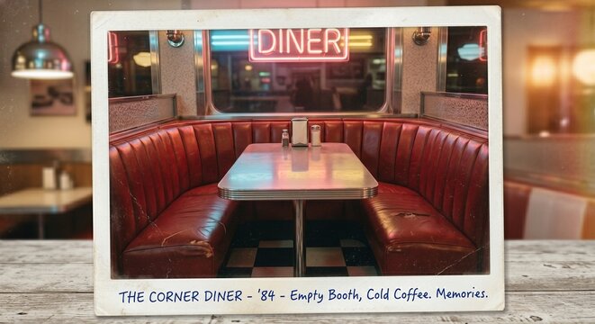 Retro 1980s style diner restaurant interior with nostalgic film grain texture and chrome table
(향수를 자극하는 필름 그레인 질감과 크롬 테이블이 특징인 복고풍 1980년대 스타일 다이너 레스토랑 인테리어)