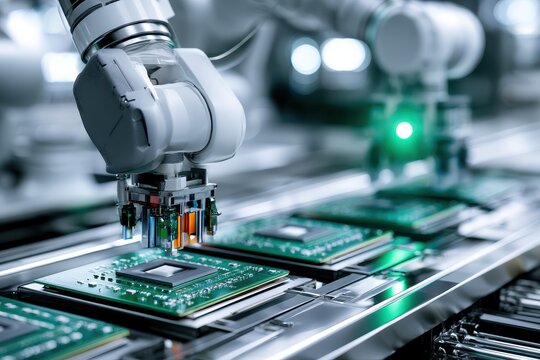 Automated robotic arm manufacturing circuit boards on production line