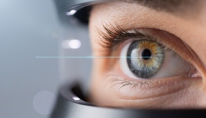 Close up view of a person undergoing an eye examination in a clinic with a device focused on the eye during the testing process © Akshatha