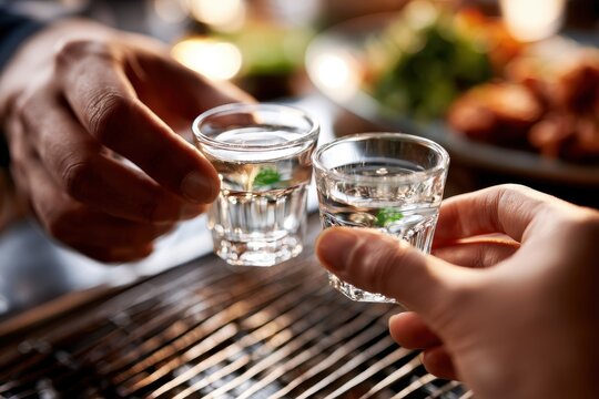 Two people toasting with small shot glasses of clear alcohol over a grill