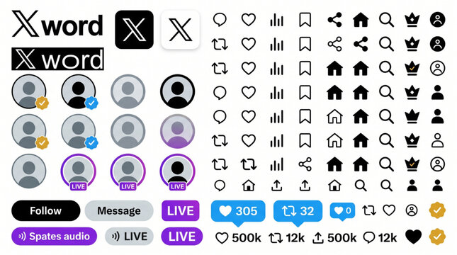New X social media interface UI mockup template with profile avatars, verified badges, action icons, notification buttons, live stream elements, and logotypes for app design and network feed.