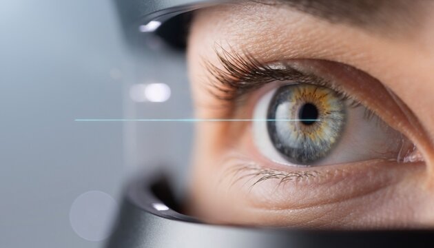 Close up view of a person undergoing an eye examination in a clinic with a device focused on the eye during the testing process