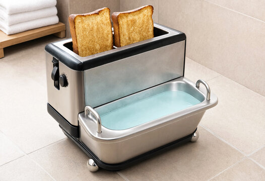 Toaster with a builtin foot bath tub on a tiled bathroom floor