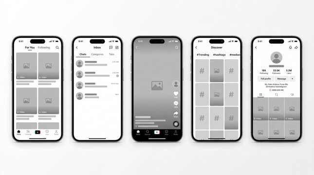 2026 TikTok UI mockup interface. Social media mobile app wireframe template. Screen interface on iPhone smartphone. Feed, profile, inbox, discovery screens. Latest update social network layout design