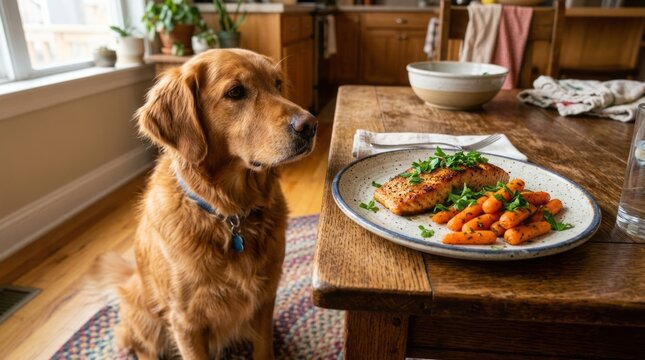Golden retriever patiently waits for a meal at a wooden dining table