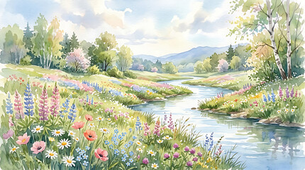 Obraz premium Watercolor Landscape with Wildflower Meadow and Winding Stream