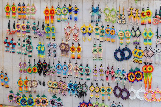 Colorful Handmade Huichol Beaded Earrings with Intricate Patterns