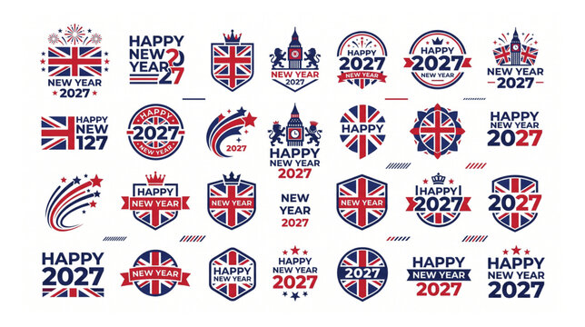 New year 2027 decorative logos and british themed badges set with celebration collection typography landmark firework greeting seasonal patriotic decorative illustration creative