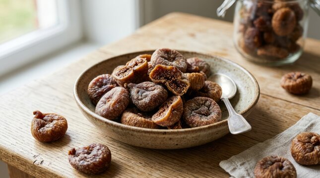 Bowl overflowing with delicious dried figs on a rustic wooden table, perfect for healthy snacks.