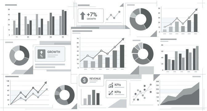 Business performance reports feature various infographics and statistical diagrams used for corporate growth tracking and revenue analysis.