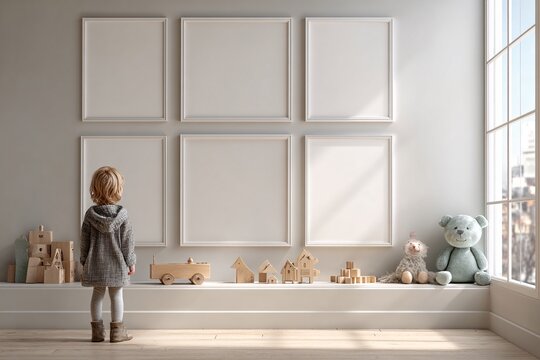 A young child stands in a bright room with toys and empty picture frames on the wall