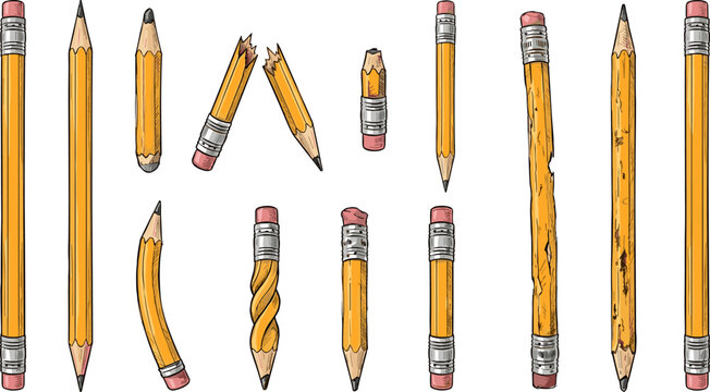 Yellow pencil collection set showing various states and conditions