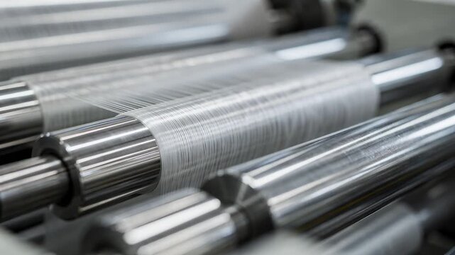 Closeup medium shot highlighting highpower spandex elastomeric yarn being accurately tensioned by godet rolls during advanced fiber production.