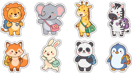 Naklejka premium Cute animal students with backpacks and school bags sticker set