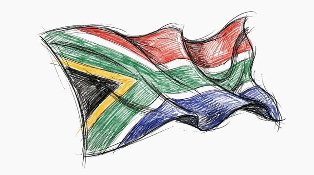 South African flag waving in the wind with vibrant colors and dynamic movement outdoors