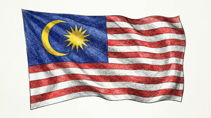 Obraz premium The Malaysian flag waves in the air with its distinctive crescent moon and sun symbol.