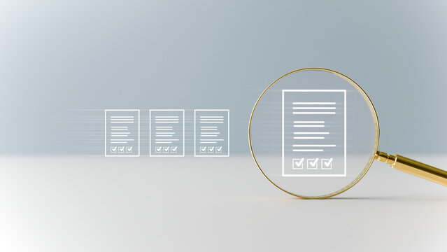 A gold magnifying glass examining a digital document with checkbox icons, placed on a clean white surface against a soft light gray background