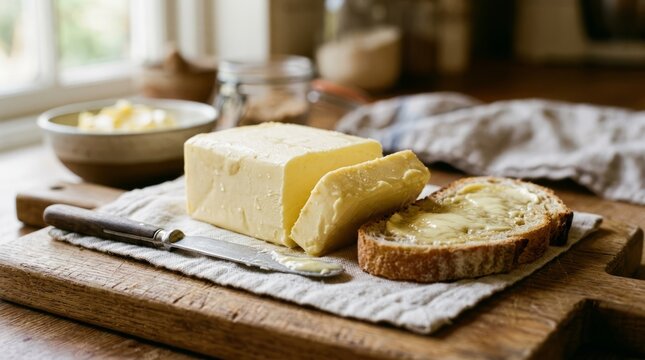 Freshly sliced butter spread on rustic bread for a delicious breakfast.