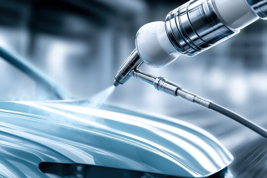 Industrial robotic arm spraying paint onto a car body in an automotive factory