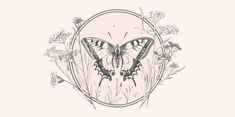 Butterfly and floral ornament a delicate gray vector illustration © Tithi