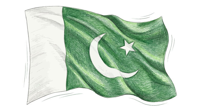 The Pakistani flag waves in the air with a white crescent moon and star on a green background.