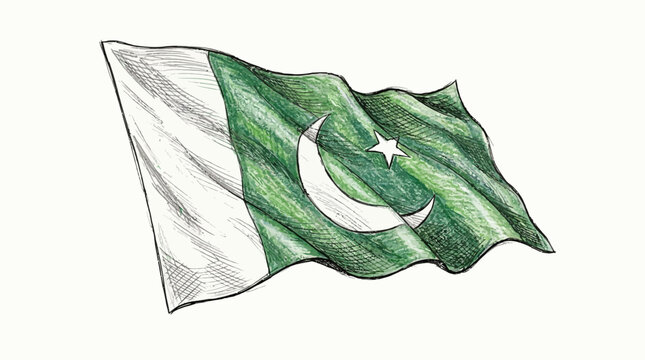 The Pakistani flag waves gently in calm air with white crescent moon.