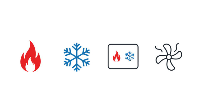 Set of icons for temperature and climate control including fire, snowflake, heater/AC unit, and fan, isolated white background.