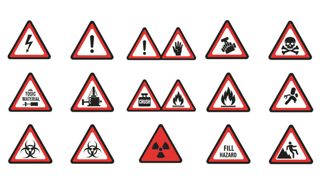 Set of nine red triangular hazard warning signs including electric shock, fire, toxic, and biohazard symbols, isolated white background.