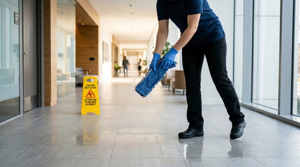 Obraz premium Professional floor cleaning in hallway, worker diligently mops water puddle leak near caution sign. Efficient floor cleaning maintains safe, pristine environment.