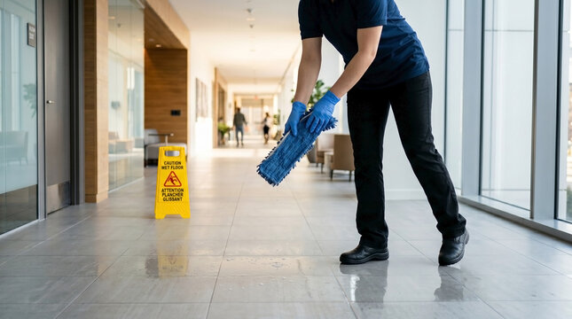 Professional floor cleaning in hallway, worker diligently mops water puddle leak near caution sign. Efficient floor cleaning maintains safe, pristine environment.