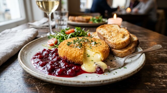 Delicious baked brie with cranberry sauce and toasted bread, a perfect appetizer.