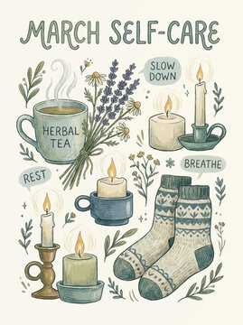 A serene scene with candles, herbal tea, and socks promoting relaxation and self-care at home indoors.