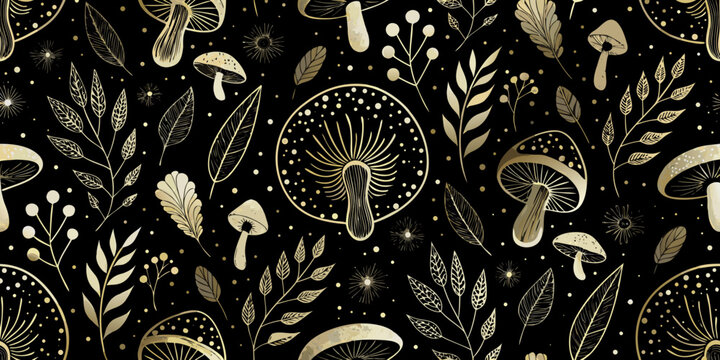 Mushroom and foliage pattern a golden vector illustration on black