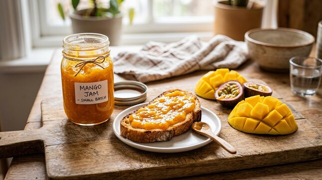 Delicious homemade mango jam spread on toast with fresh fruit and coffee for a healthy breakfast.