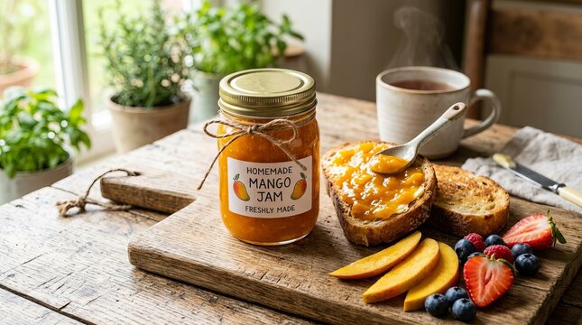 Delicious homemade mango jam spread on toast with fresh berries and a cup of tea