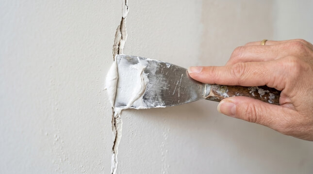 Patching hole in drywall with putty knife smoothing out wall damage. Repairing drywall requires skillful application of compound to create a flawless finish on walls.